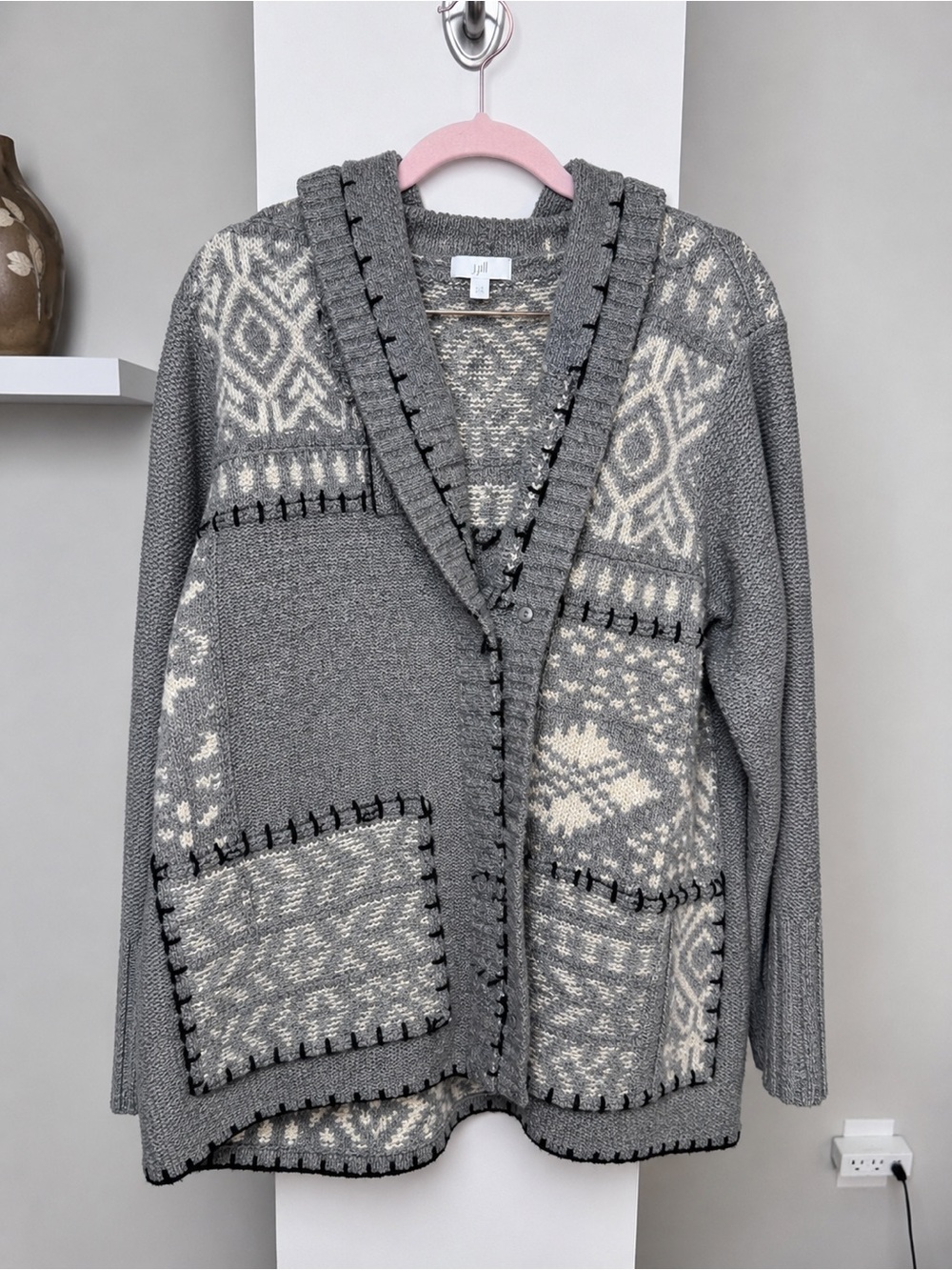 J.Jill Hooded Fair Isle Cardigan Sweater Size Medium Gray Cream - Picture 6 of 10